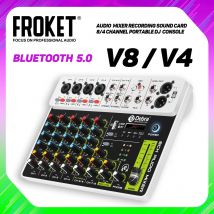 FROKET V8 Audio Mixer DJ Controller Mixer, 5.0 Bluetooth 48 V Phantomspeisung, geringer unterer Rauschen für Mischpult-PC-Aufnahmen