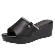 BEYARNEOpen Toe Rhinestone Platform Slippers Leather Summer Shoes  Elegant High Heels Wedges Slides Women Office Big Size