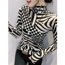 #7913 Turtleneck T Shirt Women Stretch Mesh T-Shirt Female Skinny Sexy Tshirt With Print Casual Vintage Women's T-shirt Thin