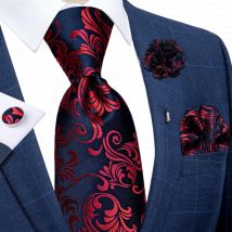Luxury Red Floral Blue Silk Ties For Men 8cm Wide Necktie Set Pocket Square Cufflinks Brooch Pin Wedding Accessories Men's Gift