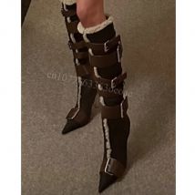 Lamm wolle Dekor matte Lederstiefel kniehohen Zehen schuh für Frauen dünne High Heels sexy Schuhe 2024 zapatos para mujere