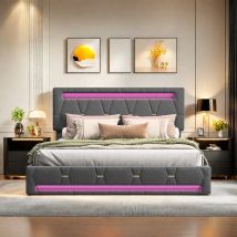 Letto imbottito con 4 cassetti, letto matrimoniale con luce a LED, lino grigio, letto con schienale testiera, letto matrimoniale, senza materasso