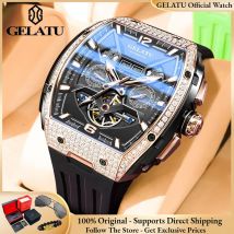GELATU 6016 Skeleton Schwungrad Automatische Männer Uhr Original Wasserdichte Silikon Armband Luxus Marke Diamant Männer Mechanische Uhr