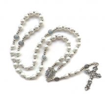 QIGO White Glass Rosary Necklace Cross Pendant Beads Strand Religious Jewelry For Men Women