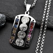 Stainless Steel Mix Color Crystal Saint Benedict Pendant Necklace Silver Color Christian Necklaces Jewelry San Benito N6571SR