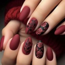 24 Stücke Herbst Winter Matte Mandel Falsche Nägel mit Kleber Rose Blatt Druck Nail art Einfache Volle Abdeckung Drücken auf Acryl Nägel Tipps