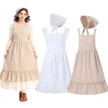 Umorden Literarische Retro Spitze Rüschen Lange Schürze Motorhaube für Frauen Erwachsene Pilgrim Girl Farm Village Pioneer Maid Kostüm Baumwolle Leinen