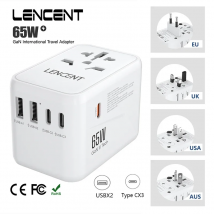 LENCENT 65 W GaN Universal-Reiseadapter mit 2 USB-Anschlüssen, 3 Typ C Schnelllade-Netzteil, EU/UK/USA/AUS-Stecker für Reisen