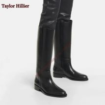 Schwarze runde Zehen Slip-On Damen stiefel Lack leder dicke Ferse flache kniehohe Stiefel modische Luxus bequeme Winters tiefel