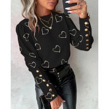 Fashion Long Sleeved Button Printed Blouse T Shirt Women's Spring Autumn Simple Pullover Top