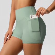 Frauen Einfarbig Nylon Yoga Straffung Bauch Heben Shorts Outdoor Radfahren Laufen Mit Taschen Sport Shorts Gym Pilates