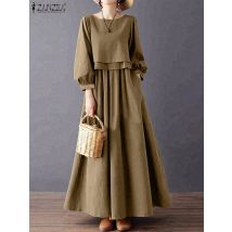 ZANZEA Womens Casual Chic Maxi Dresses Boatneck Lantern Sleeve Fake Two-Piece Solid Color A-Line Long Dress Autumn Retro Clothes