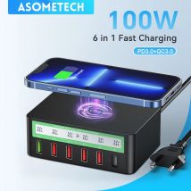 100 W USB PD QC Ladegerät Adapter Drahtloses Ladegerät 6 Ports Schnellladestation für IPhone 14 13 12 Pro Max IPad, Samsung Huawei