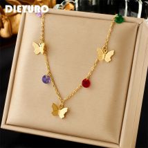 Dieyuro 316l Edelstahl bunte Stein Schmetterling Anhänger Halskette für Frauen Mädchen neuen Trend Choker Schlüsselbein Kette Schmuck