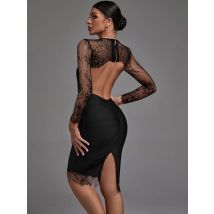 Sexy langärmliges schwarzes Midi-Bodycon-Kleid für Frauen, Spitze, rückenfrei, durchsichtig, Schlitz, Verbandkleid, elegantes Abendkleid