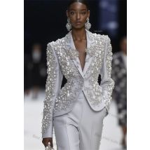 Abito da donna lucido di lusso Set 2 pezzi Blazer con perle + pantaloni Pantaloni Giacca da ufficio formale Cappotto da smoking da sposa personalizzato in cotone