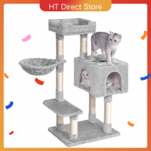 Árbol para gatos de roble y té, poste para rascar de 100 cm con 7 pilares, casa para gatos y hamaca estable con protección basculante