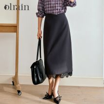 OLrain 2025 Autumn New Elegant Simple Office Lady Gray Long Straight Dress Solid Splicing Lace Design Women's Skirts E57QB96820