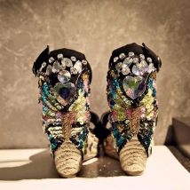 Bunte Schmetterling Pailletten Strass verziert Seil geflochtene Keils andalen Frau hohe Plattform Peep Toe Sommer Strands chuhe