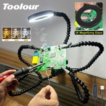 Toolour Helping Hands Soldering Third Hand Tools 5 Flexible Arms With Adjustable Table Clamp 3X LED Magnifier PCB Holder Tool