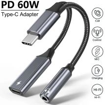 2-in-1-USBC auf 3,5-mm-Kopfhöreranschluss-Adapter Typ C PD 60 W Lade-Audio-Aux-Adapter für iPhone iPad Pro Samsung S24 Xiaomi Huawei