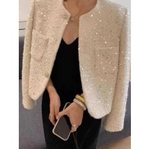 Chic Sequins Sweet Tweed Jacket Women Fall Elegant Long Sleeve Slim Coat Korean Fashion O Neck Design Female All Match New Tops