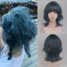 VICWIG Blaue kurze gewellte Vokuhila-Kopf-Perücken mit Pony, synthetische Lolita-Cosplay-Perücke für Damen, für die tägliche Party
