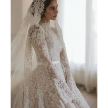 Flavinke Customized Romantic High Neck Print Wedding Dresses Classic A-Line Floor Length Lace Belt Princess Bride Ball Gowns