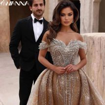 Luxuriöses Champagner-Kristallperlen-Hochzeitskleid mit abnehmbarer Schleppe, Brautkleid 2025, neue maßgeschneiderte schulterfreie Kleider für die Braut