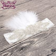 Nishine Mädchen Kinder Blume Strass Elastische Spitze Stirnband Neugeborenen Feder Krone Weiche Kopfbedeckung Party Hochzeit Haar Zubehör