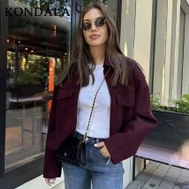 KONDALA 2025, Herbst Winter Casual Frauen Weinrot Jacken Mode Streetwear Zipper Taschen Drehen Unten Kragen Chic Damen Jacken