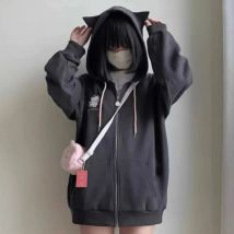 Koreanischen Stil Grau Solide Harajuku Hoodies Frauen Casual Lose Y2k Cuteore Mädchen Cartoon Stickerei Zipper Hoodes Sweatshirt 2024