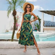 2 Stück Set Boho Sommer rücken frei binden Strand kleid Urlaub Frauen ärmellose grüne Blumen druck aushöhlen lässigen böhmischen Rock