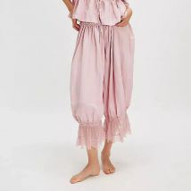 Damen Y2K Loose Fit Cute Bloomers Kurze Hose Kordelzug Hohe Taille Blumenspitze Patchwork Wadenlange Laternenhose
