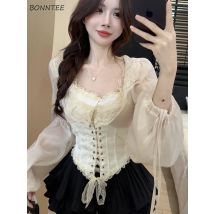 Solide Bluse Frauen Lace-up Crop Tops Frühling Koreanischen Stil Vintage Alle-spiel Schlank Fairycore Atmungs Weibliche Beliebt
