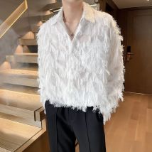 Männer 3D Stoff Quasten Splice Transluzente Mesh Lose Beiläufige Langarm Vintage Party Kleid Shirts Bluse Bühne Kleidung