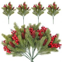 Künstliche Tannennadeln mit roter Beere, künstliche grüne Weihnachtspflanzen für Urlaub, Winter, Tisch, Weihnachtskranz, Girlande, Heimdekoration