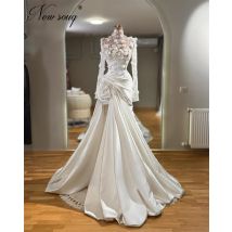 Dubai Weiße 3D-Blumen Abendkleider 2025, lange Ärmel, Satin-Abschlussballkleid, Partykleidung für Hochzeit, Vestidos De Cóctel, individuell gestaltet