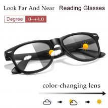 Photochrome Anti-Blaulicht-Lesebrille, klassische quadratische Metallrahmen-Presbyopie-Surf-Internet-blockierende ultraleichte Brille