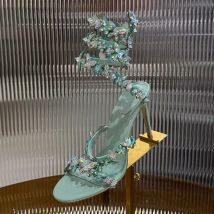 Women Thin High Heels Elastic Strap Gladiator Sandals Bling Rhinestone Flower Decor Sandalias  Summer Bridesmaid Dress Shoes