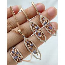 Kinel Hot Purple Natural Zircon Flower Ring Earrings Necklace For Women Fashion 585 Rose Gold Color Vintage Wedding Jewelry Sets