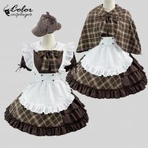 Color Cosplayer Detective Suit Anime Cosplay Costume Maid Dress Lolita with Apron Brown Lolita Women Dress Short Sleeved Outfit