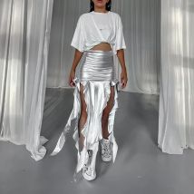 Sommer Sexy PU Rock Frauen Kleidung Streetwear Casual Mode Assymmetrische Split Rock Schlank Party Elegante Hohe Taille Röcke Weibliche