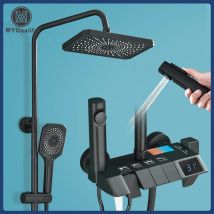 Schwarzes Klavier, digitales Duschset, intelligente Messing-Badezimmerarmaturen, heißer kalter Wasserfall, Wasserhahn, Regen, weißes Duschsystem, Chuveiro