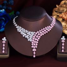 Drei graden elegante glänzende rosa Wasser tropfen Zirkonia lange Ohrringe und Halskette Braut Hochzeits feier Schmuck Set für Frauen t1042