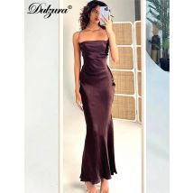 Dulzura Satin-Maxikleid, einfarbig, gerüschte Träger, 2024, Sommer, Damen, sexy, Abendparty, elegant, körperformend, Clubwear, schlanke Hülle