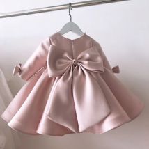 Rosa Prinzessinnenkleid, langärmeliges Mädchen-Satinkleid für Klavierwettbewerb mit Schleife, bauschiges Kleid, Kleid für den ersten Geburtstag des Babys