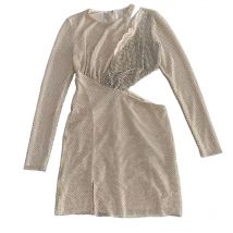 RetroLuxurious White Rhinestone Elastic Slim Fit Party Dress With Elegant Waist Hollow Out Long Sleeved Dress Women's Clothesclo