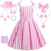 2025 Summer Beach Baby Girl Pink Cute Sleeveless Plaid Slim Strap Dress For Girl Cowboy Look Stripe Dress Set With Belt