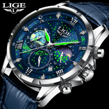 LIGE Kreative Sternennacht Männer Uhr Mondphase Quarz Armbanduhren Business Gürtel Uhr für Mann Leuchtende Wasserdichte Männliche Uhr